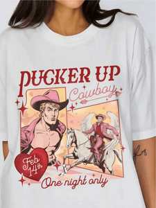 Camiseta occidental para el día de San Valentín para mujer, corte holgado, cuello redondo, manga corta, algodón, informal, con estampado de vaquero, lista para usar - Product Image 1