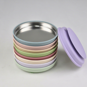 Assiette ronde à ventouse pour bébé en silicone réutilisable, antidérapante, résistante à la chaleur, en acier inoxydable 304, sans BPA, passe au lave-vaisselle - Product Image 1