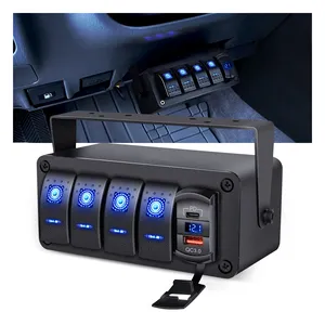 Caixa de interruptor com 4 gangues, 12V, porta USB tipo C para carro, porta de comando voltímetro RV, caminhão, barco, painel de interruptor liga/desliga, à prova d'água com adesivo