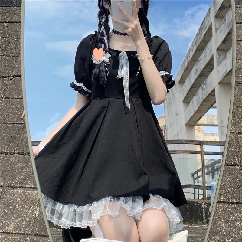 gothic lolita black and white dress Retro Style Lolita JSK Dress Vintage Black and White Doll Style Mini Halter  Neck Dress by