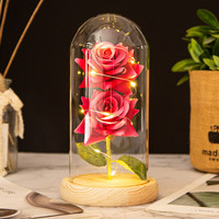 Rose éternelle conservée dans un dôme en verre, lumière LED nocturne, deux têtes, fleur artificielle, cadeau de la Saint-Valentin, décoration de mariage à domicile