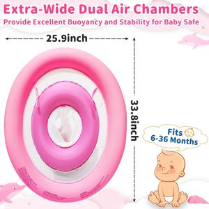 Bouée de piscine pour bébé en forme de dauphin rose avec auvent solaire réglable UPF50+ et deux chambres à air - Product Image 4