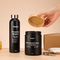 Pot à poudre noir mat de 670 ml avec couvercle en bambou et ensemble de bouteille de shaker à protéines en verre de 500 ml pour l'emballage de compléments alimentaires, kit cadeau