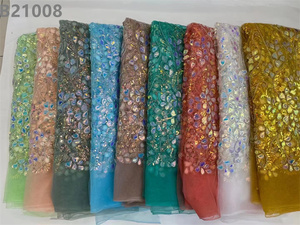 Tela de encaje nigeriano con película láser, bordado de cuentas africanas de oro, muy buena calidad - Product Image 3