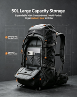 Sac à dos de randonnée unisexe ergonomique imperméable de 50 L avec support dorsal respirant, ceinture de hanche réglable, design portable pour une utilisation en extérieur