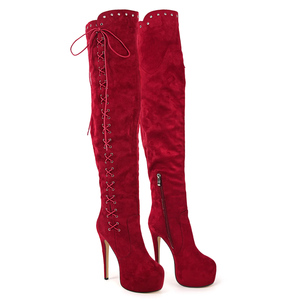 Stivali Alti al Ginocchio da Donna in Finta Pelle Scamosciata <span class=keywords><strong>Bordeaux</strong></span> con Lacci e Tacco a Spillo con Plateau - Product Image 2