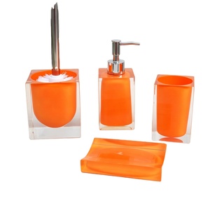 Set di Accessori per Bagno con Doppio Strato Trasparente, Esterno <span class=keywords><strong>Arancione</strong></span>, Interno Trasparente: Porta Scopino, Dispenser Sapone, Bicchiere, Porta Sapone - Product Image 1
