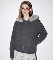Pull cardigan en tricot à col en fourrure à capuche vintage américain pour femmes, automne et hiver, style décontracté, double fermeture éclair