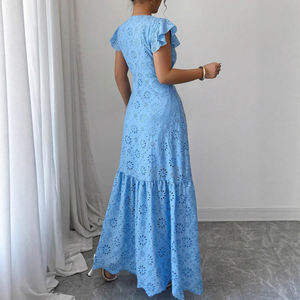 2026 New Fashionable Deep V Embroidered Button Maxi <b>Dress</b> Custom 100% Cotton Embroidery <b>Dress</b> - Product Image 4