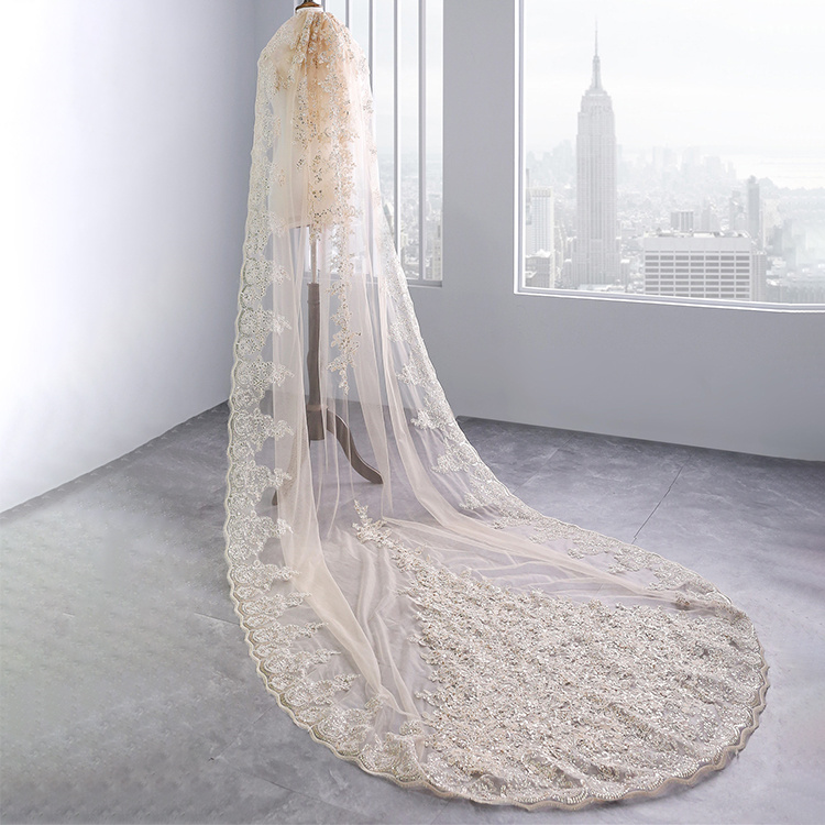 New arrival embroidery sequins champagne luxury cathedral veil wedding veil long lace