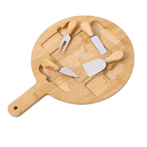 Tabla de queso redonda de madera con juego de cuchillo y tenedor, 4 piezas, tabla de cortar portátil multifuncional para servir bocadillos y queso - Product Image 5