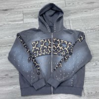 Sweat à capuche zippé pour homme, coupe courte, surdimensionné, personnalisé, de haute qualité, imprimé léopard, avec strass, en tissu épais, uni, délavé à l'acide