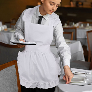White Apron For Women Long Sleeve Woven Solid Color Restaurant Work Uniform Maid Style With Ruffle Hem - Product Image 1