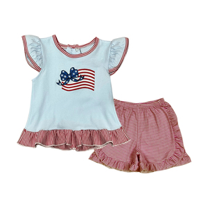 GSSO3278 CUSTOM Ensemble de vêtements pour petite fille active, imprimé drapeau américain bleu, vente en gros, ensemble à manches courtes pour enfant - Product Image 1