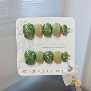 Vente en gros de faux <span class=keywords><strong>ongles</strong></span> courts carrés vert olive effet œil de chat, avec paillettes irisées, étiquette privée OEM - Product Image 3