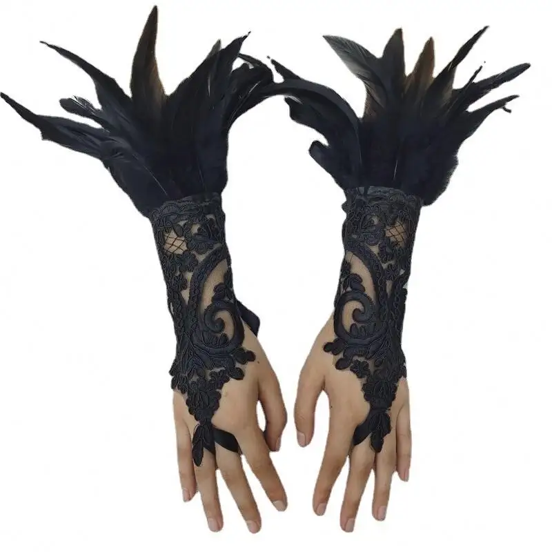 Gants longs en dentelle de plumes noires pour femmes Poignet Gants gothiques Costume de fête pour femmes et filles