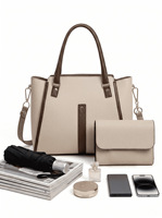 Set Tas Tote 2-in-1 Wanita untuk Kantor & Sehari-hari - Tas Tangan Kulit PU Kontras Beige & Cokelat dengan Dompet Senada