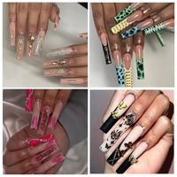 Lot de 10 faux ongles de luxe réutilisables, longs, carrés, à paillettes, style français, pour la vente en gros