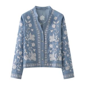 Camisa de Seda con Cuello en V y Flores Bordadas Personalizada para Mujer 2025, Camisa Delgada de Mezclilla - Product Image 1