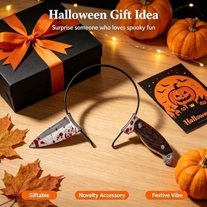 Serre-têtes d'Halloween : Faux couteau de boucher sanglant, accessoire de costume d'horreur, couteau qui traverse la tête, pour cosplay - Product Image 1