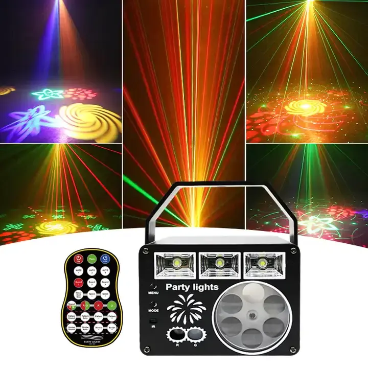 Nuevas luces de fiesta 3 en 1 DJ Disco Light RGBW 48 patrones Efecto de iluminación estroboscópica Proyector LED Lámpara láser verde para piso de escenario Cl