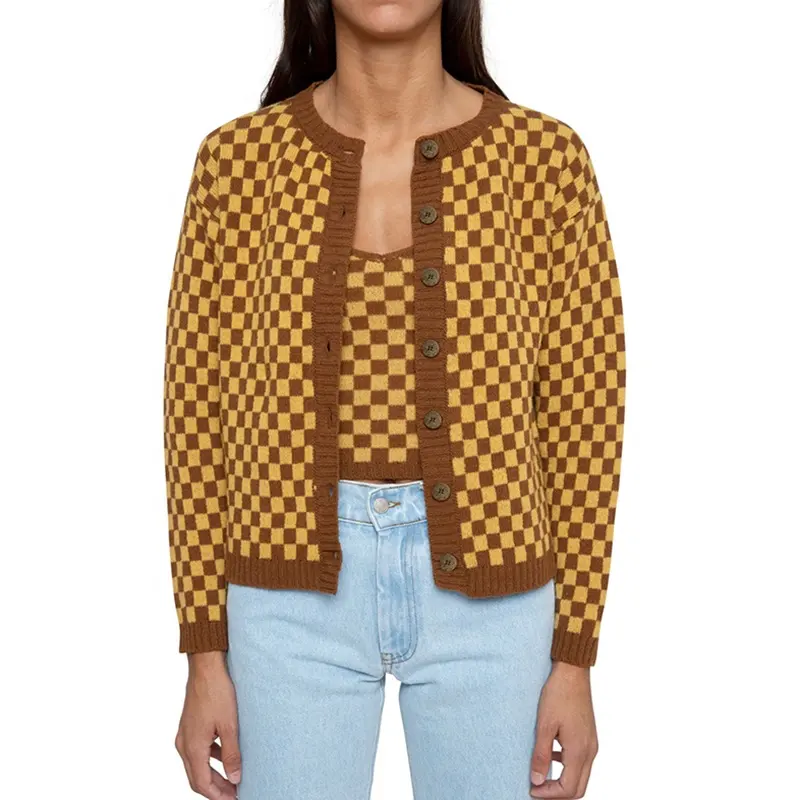 Retro Plaid Knit Cardigan Women's European and American Loose Knit Sweater