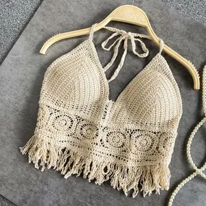 Completo 2 Pezzi: Top Canotta Sexy Boho da Spiaggia in Chiffon Lavorato a Maglia all'Uncinetto <span class=keywords><strong>con</strong></span> Nappe e Scollo all'Americana, Stile Bralette Senza Schienale - Product Image 2