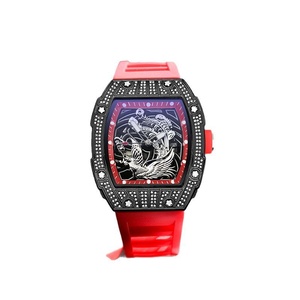 Montre squelette ZIDO pour homme avec gravure 3D Phénix, boîtier tonneau noir serti de pierres, montre-bracelet à quartz, bracelet en silicone, montre-bracelet tendance - Product Image 5