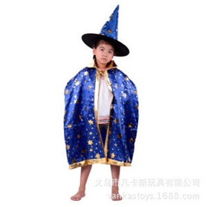 Childrens <b>Witch</b> Costume Cape With <b>Hat</b> Set Red Blue Star Print Unisex Halloween Costume For Kids - Product Image 2