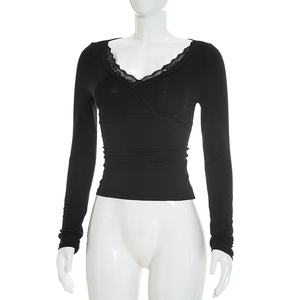 Viviblook J26TP282 Camiseta de Otoño para Mujer, Nueva con Encaje y Parches, Cuello en V, Corte Ajustado, Manga Larga, Estilo Casual, Top Corto para Damas - Product Image 3