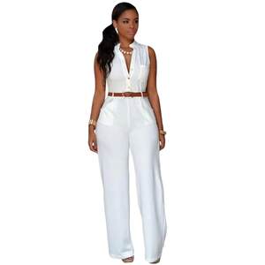 Combinaison en satin blanche sans manches, col en V, taille haute, avec ceinture, coupe ample, longueur intégrale, vêtements modernes pour femmes, printemps-été - Product Image 1