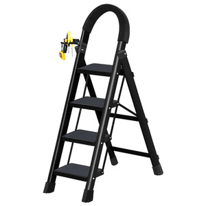 บันไดพับสีดำ 4 ขั้น แบบ A-Frame รับน้ำหนักได้มาก ผลิตจากเหล็กกล้าคาร์บอน น้ำหนักเบา พร้อมตะขอเกี่ยวเครื่องมือ สำหรับใช้ในบ้าน - Product Image 1