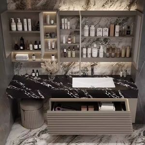 סט אמבטיה מודרני יוקרתי בצבע לבן מבריק עם מגירות אחסון, כיור, מראה ושירותים - Product Image 4