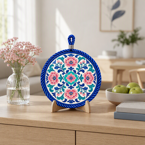 Classic Ceramic <strong>Trivet</strong> 17cm Reusable Heat Resistant Pink Teal Peony Rosette Pattern Glazed UV Print <strong>Cork</strong> Base for Kitchen Table - Product Image 2