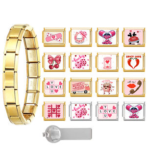 バレンタインデー用 イタリアンチャーム ラッキー 9mm ステンレススチール ガールズ ゴールド ピンク ハート ラブ イタリアンチャーム ブレスレット - Product Image 1