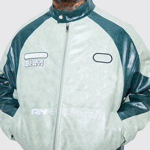 YUCHEN Custom Boxy Vintage 100% Polyester Emboss Embroidered Zip up Pu <strong>Leather</strong> <strong>Jacket</strong> Men - Product Image 3