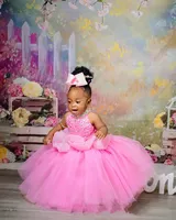 Robe d'anniversaire pour petites filles robes de demoiselle d'honneur robes de communion licou perlé strass cristaux robe en tulle à plusieurs niveaux