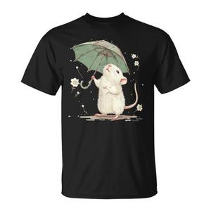 T-shirt mignon avec motif de rat blanc et parapluie pour hommes et femmes - Product Image 1