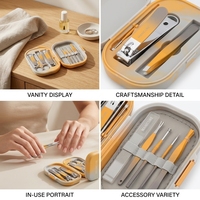 Kit de manucure orange et gris avec coupe-ongles, ciseaux à ongles, fourche à cuticules, pince à épiler et lime à ongles dans un étui de voyage