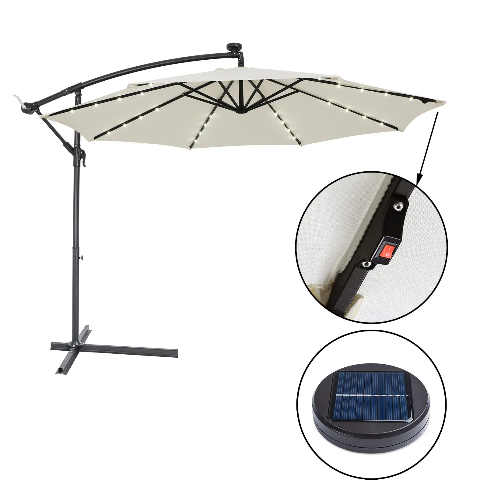 3.3M Outdoor Meubelen Led Parasol Zonnescherm Cantilever Banaan Opknoping Paraplu Met Silicium Zonnepaneel