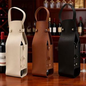 Single <b>Bottle</b> Leather Wine Tote Bag with Corkscrew Pocket, PU Leather Portable Wine Gift Carrier for Red Wine Champagne - Product Image 3