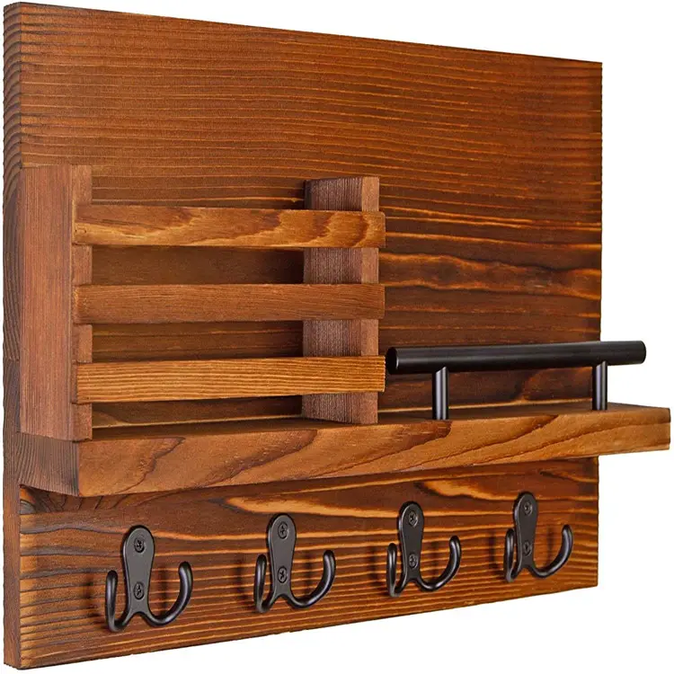 Rustic Wooden Key And Mail Holder Mail Organizer Hanging Shelf With 4 Double Key Hooks