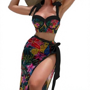 Msf Floral Print Bikini Swimsuit Set Crop Wrap Skirt Women Beach <b>Cover</b> <b>Up</b> - Product Image 3
