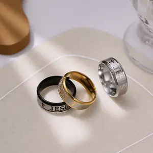 Cincin salib Hip Hop Punk 8mm baja tahan karat emas hitam perak warna korosi Cincin Yesus Kristen untuk pria wanita