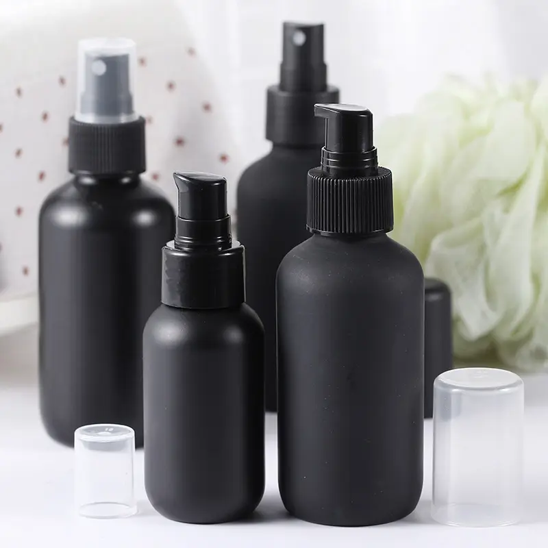 Botol Bulat 2Oz 4Oz, Matte Hitam Hdpe Boston dengan Pompa Perawatan untuk Kosmetik