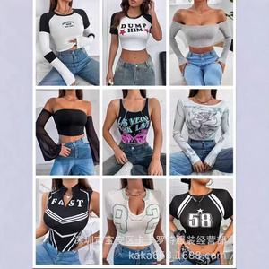 T-shirt court côtelé pour femme, manches courtes, coupe ajustée, imprimé, style halter, décontracté, streetwear d'été - Product Image 3