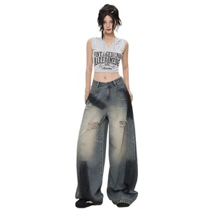 Nuevos pantalones anchos de cintura alta con corte de cimitarra, holgados, con costuras de desestructuración, agujeros y efecto pintado con aerosol, estilo vaquero envejecido para <span class=keywords><strong>hombre</strong></span> y mujer - Product Image 1