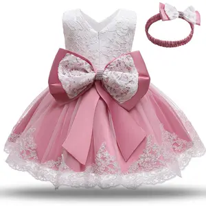 Wholesale Baby Princess Dress Bow Lace Solid Color Sleeveless Dress With Headband Super Cute Girls Party Dresses