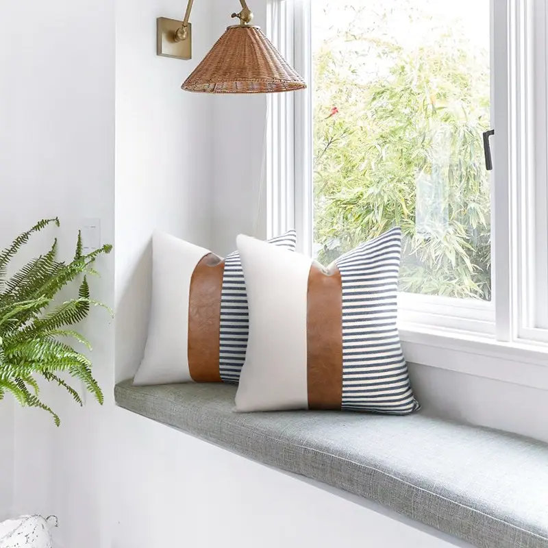 Luxo PU couro Costura Lona Stripe Pillow Case Casa Decorativa Travesseiro Capa de Almofada para Sofá Do Carro