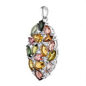 Pendentif en tourmaline multicolore en forme de fleur en argent sterling 925 plaqué rhodium avec accents en C, bijoux de luxe pour femmes - Product Image 2